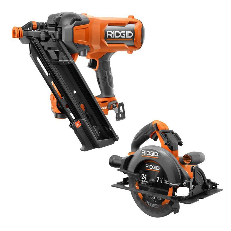 Clavadora inalámbrica sin escobillas de 18V y 30° de RIDGID de 3-1/2 pulgadas con sierra circular sin escobillas de 7-1/4 pulgadas (solo herramientas) - R09895B-R8657B