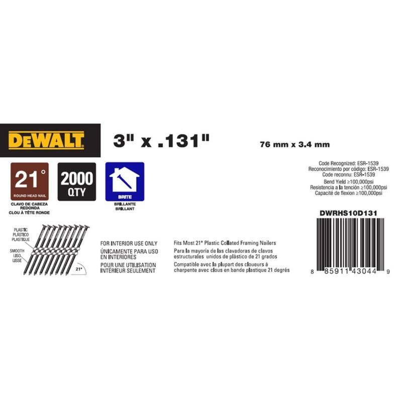 Clavadora de armazón DEWALT 20V MAX XR de iones de litio sin escobillas a 21° y kit de clavos para armazón de metal de 3 pulgadas x 0.131 pulgadas (2000 por caja) - DCN21PLM1W0D131