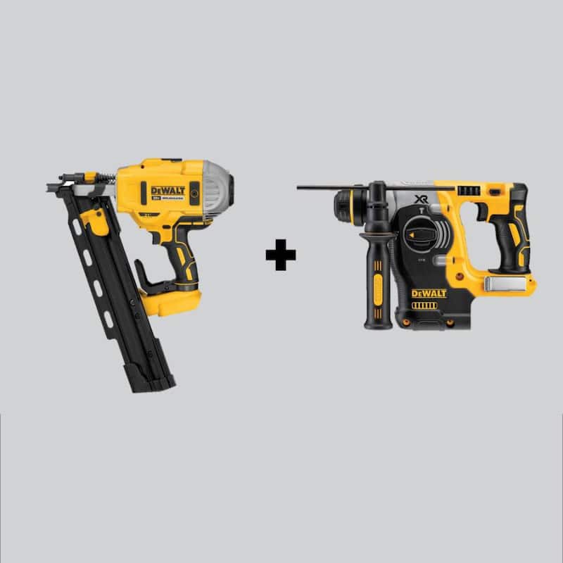 DEWALT 20V MAX XR Clavadora de enmarcar inalámbrica sin escobillas de 2 velocidades con cabezal plástico de 21° y Martillo rotativo sin escobillas de 1 pulgada (Sólo herramientas) - DCN21PLBW273B