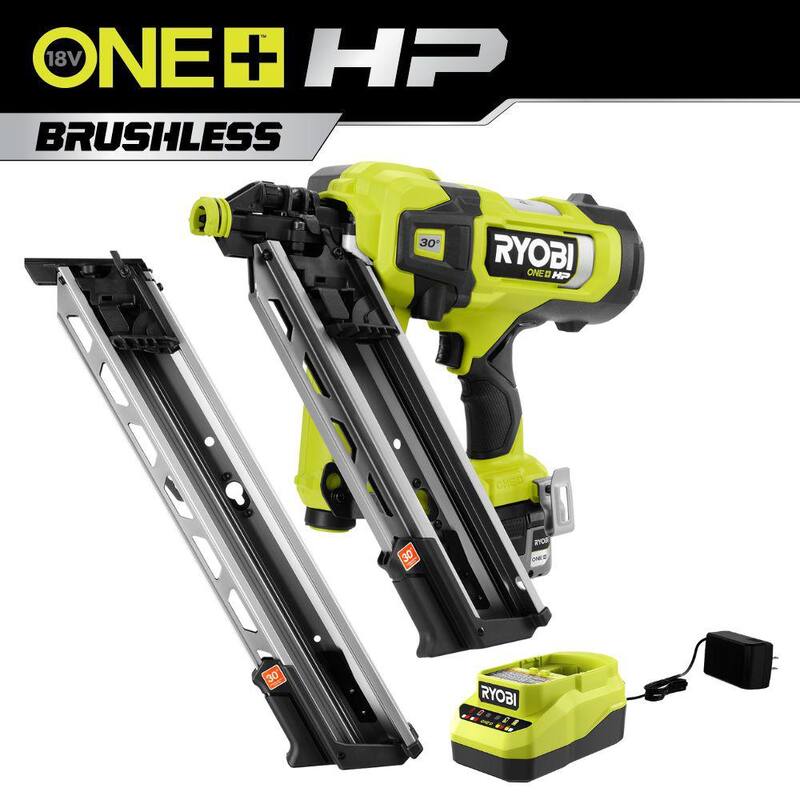 RYOBI ONE+ HP 18V Clavadora de armazón inalámbrica Brushless AirStrike de 30° con kit de batería de 4Ah, cargador y cargador de capacidad extendida de 30° - PBL350K-A102EM301