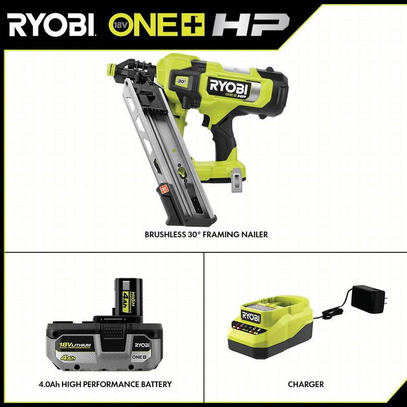 RYOBI ONE+ HP 18V Clavadora de armazón inalámbrica Brushless AirStrike de 30° con kit de batería de 4Ah, cargador y cargador de capacidad extendida de 30° - PBL350K-A102EM301