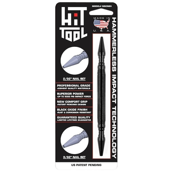 Hit Tool Hammerless Combination Nail Set, 2/32, 3/32 in Tip, 7 in L, Steel, Black-Oxide - NS2NS3
