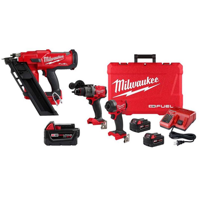 Milwaukee M18 FUEL 18V Inalámbrico sin escobillas 3-1/2 pulgadas Clavadora de 30 grados con martillo taladro/Kit de impacto con (3) baterías y cargador - 2745-20-48-11-50-3697-22