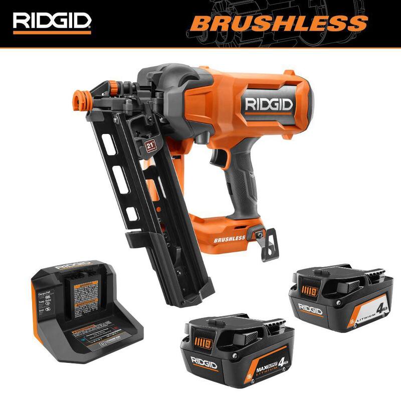 Clavadora inalámbrica sin escobillas RIDGID de 18V con ángulo de 21° y capacidad de 3-1/2 pulgadas en kit con batería de 4.0 Ah, cargador y batería de salida máxima de 4.0 Ah - R09894KN-AC840040