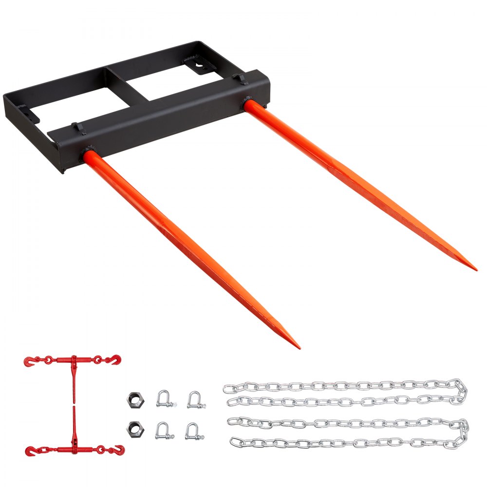 VEVOR 49" Hay Spear, Bale Spears 3000lbs Loading Capacity, Skid Steer Loader Tractor Bucket Attachment with 2pcs 17.5" Stabilizer Spears and 60" Chain, Quick Attach Spike Forks - TZSPS2ZZ49IN3X7CBV0