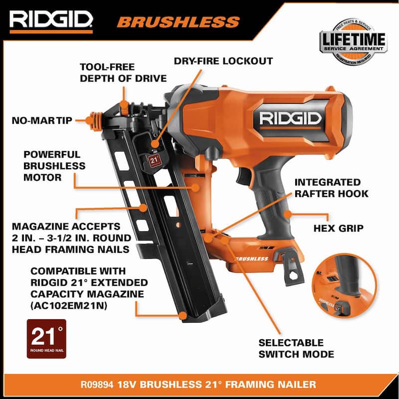 GRAPADORA NEUMÁTICA INALÁMBRICA RIDGID 18V sin escobillas de 21° 3-1/2 pulgadas con batería de iones de litio de salida máxima de 18V 6.0 Ah - R09894B-AC840060