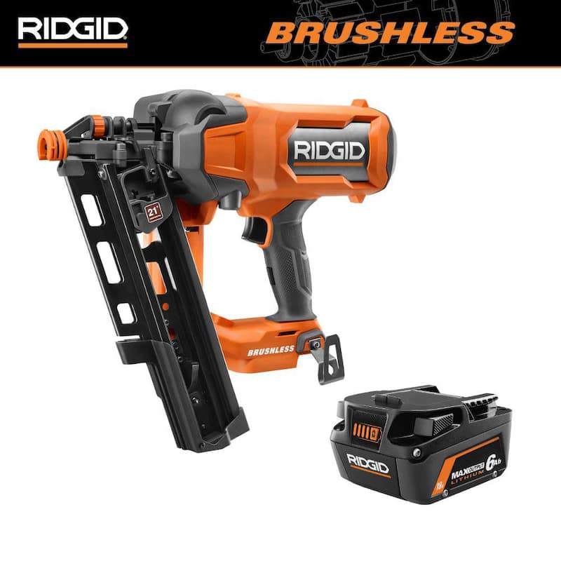 GRAPADORA NEUMÁTICA INALÁMBRICA RIDGID 18V sin escobillas de 21° 3-1/2 pulgadas con batería de iones de litio de salida máxima de 18V 6.0 Ah - R09894B-AC840060