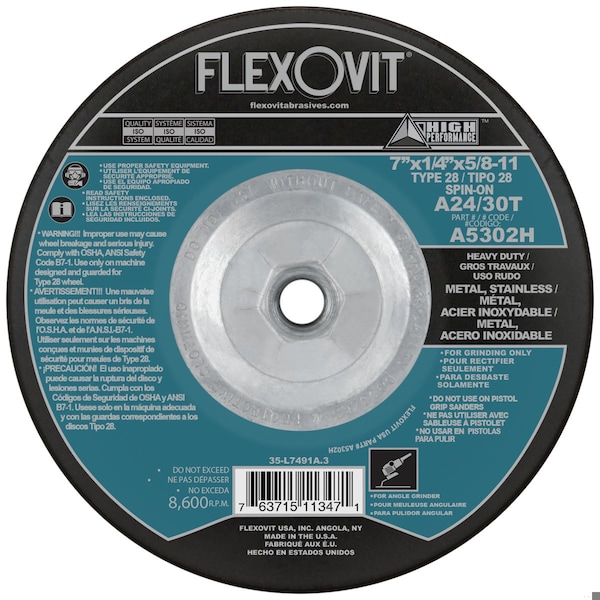 Flexovit HP Heavy Duty Depressed Center Wheel, 7 in Dia x 1/4 in THK, A24T Grit, Aluminum Oxide Abrasive - A5302H