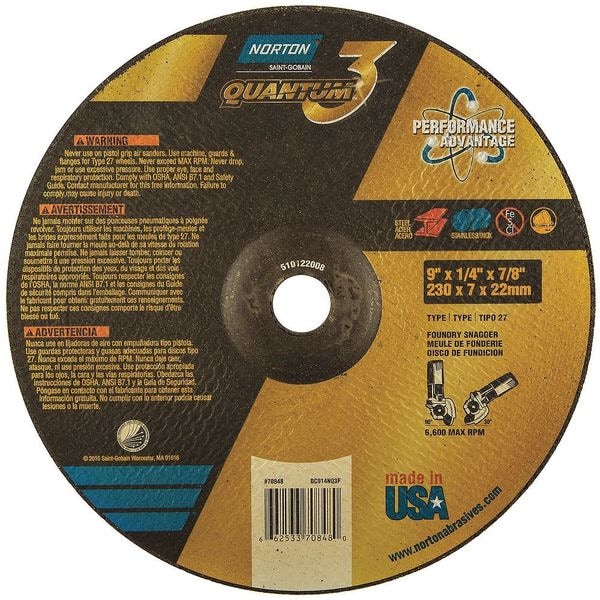 Norton Abrasives Depressed Center Wheels, Type 27, 9 in Dia, 0.25 in Thick, 7/8 in Arbor Hole Size, Ceramic - 66253370848
