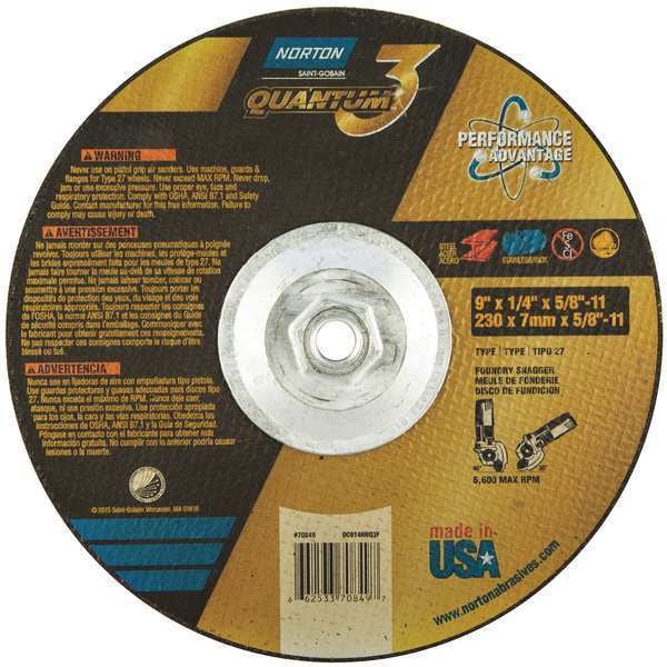 Norton Abrasives Depressed Center Wheels, Type 27, 9 in Dia, 0.25 in Thick, 5/8"-11 Arbor Hole Size, Ceramic - 66253370849