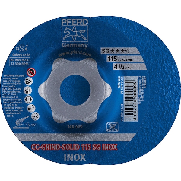 Pferd 61215 4-1/2in CC-GRIND-SOLID 7/8in A.H. - SG for STAINLESS / INOX - 61215-PFERD