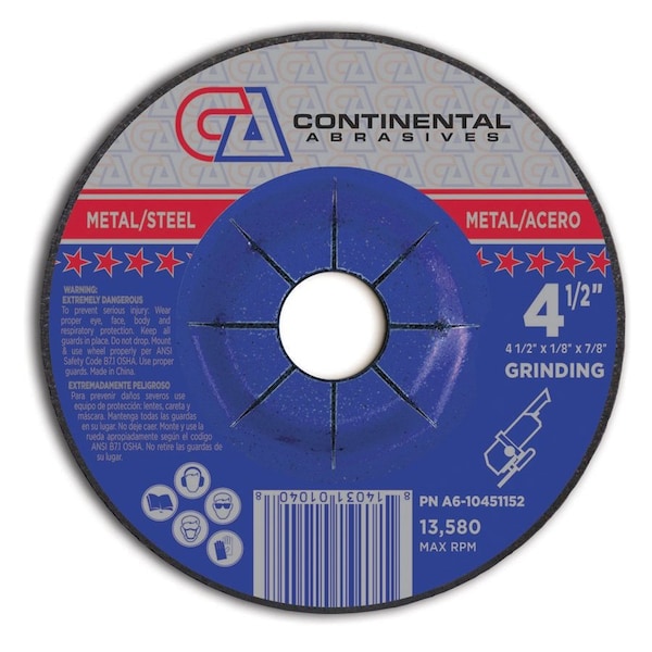 Continental Abrasives 4-1/2" x 1/8" x 7/8" Signature T27 Depressed Center Cutting and Grinding and Notching Wheel - A6-10451152