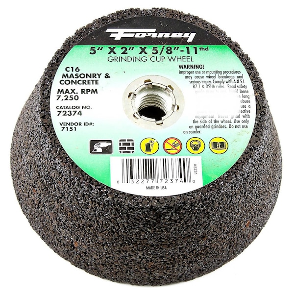 Forney Cup Wheel, Masonry/Concrete, 5 in x 5/8 in-11 - 72374