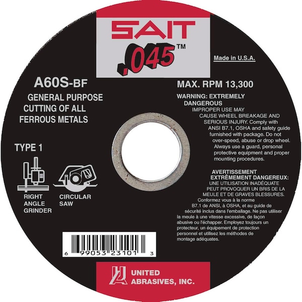 Global Industrial United Abrasives - Sait 23106 Depressed Center Wheel T1 A60S 6x .045 x 7/8 60 Grit Aluminum Oxide - B2233751