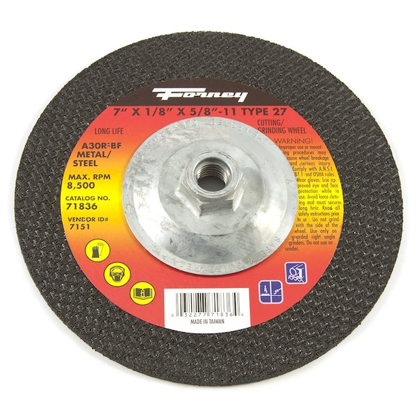 Forney Grinding Wheel, Metal, Type 27, 7 in x 1/8 in x 5/8 in-11 - 71836
