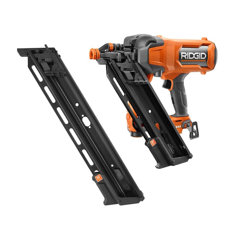 Clavadora para estructuras inalámbrica de 18V sin escobillas RIDGID con ángulo de 30° y capacidad de 3-1/2 pulgadas (herramienta solamente) con cargador ampliado de 30˚ - R09895B-AC102EM30N