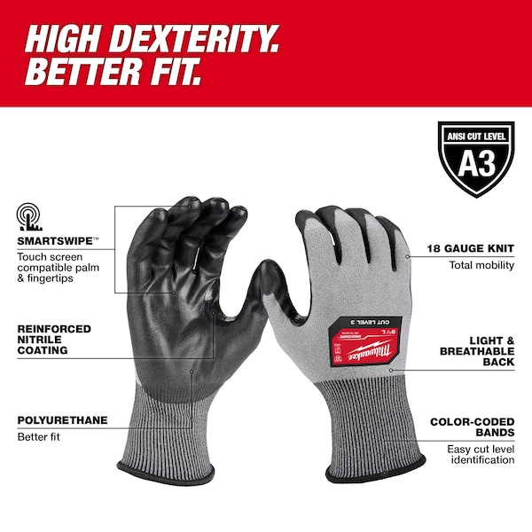 Guantes Milwaukee Tool 12 Pares de Nivel de Corte 3 de Alta Destreza con Revestimiento de Poliuretano - M, Nivel de Corte A3, Calibre 18, Gris - 48-73-8731B