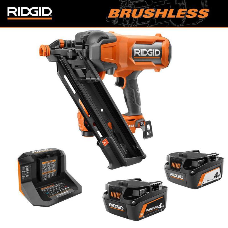 Clavadora de armazón inalámbrica RIDGID 18V sin escobillas de 30° con kit de 4.0 Ah de batería y cargador con batería de salida máxima de 18V 4.0 Ah - R09895KN-AC840040.