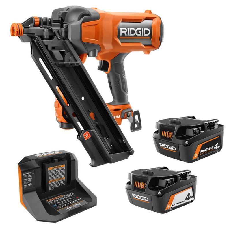 Clavadora de armazón inalámbrica RIDGID 18V sin escobillas de 30° con kit de 4.0 Ah de batería y cargador con batería de salida máxima de 18V 4.0 Ah - R09895KN-AC840040.