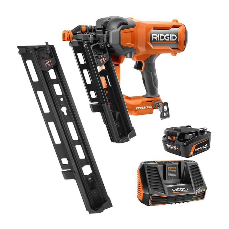 NEUMÁTICO DE ESTRUCTURAS INALÁMBRICO DE 21° Y 3-1/2 pulgadas con motor sin escobillas de 18V RIDGID, kit con batería de 4.0 MAX de salida, cargador y cargador de capacidad extendida - R09894B-AC9540-AC102EM21N