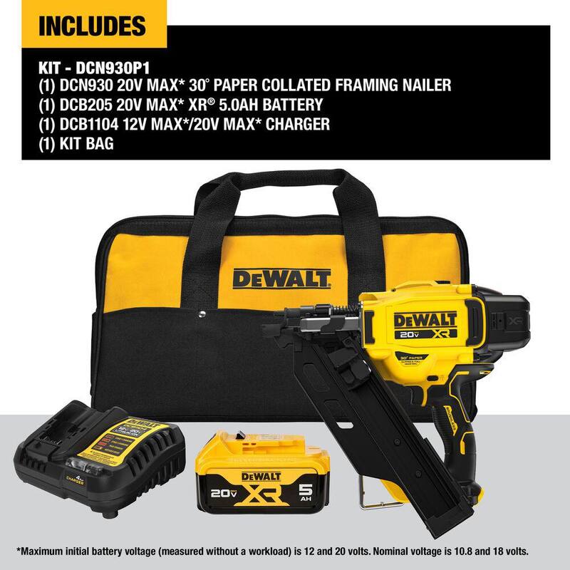 Kit de clavadora inalámbrica DEWALT 20V de iones de litio de 30° con cargador y batería de 5.0 Ah, y cargador de revista extendida - DCN930P1WDZN930