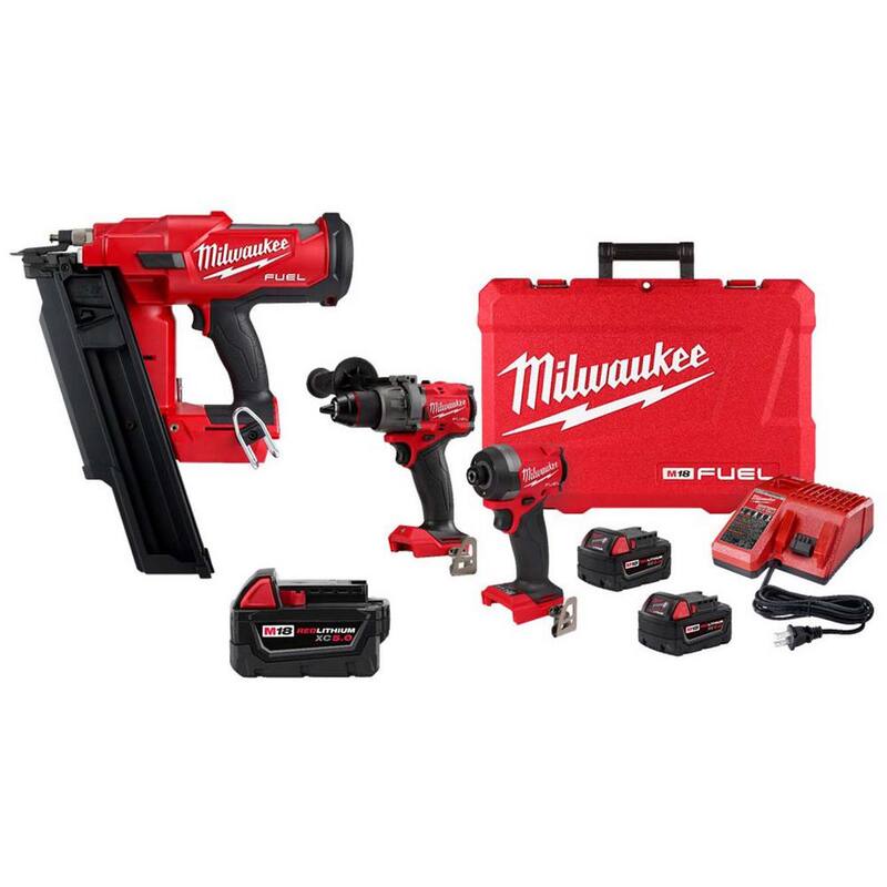 Clavadora inalámbrica Milwaukee M18 de 3-1/2 pulgadas a 21 grados, Kit combo de taladro martillo y atornillador de impacto M18 FUEL con 2 baterías, batería de 2.0 Ah M18 - 2744-20-48-11-1850-3697-22.