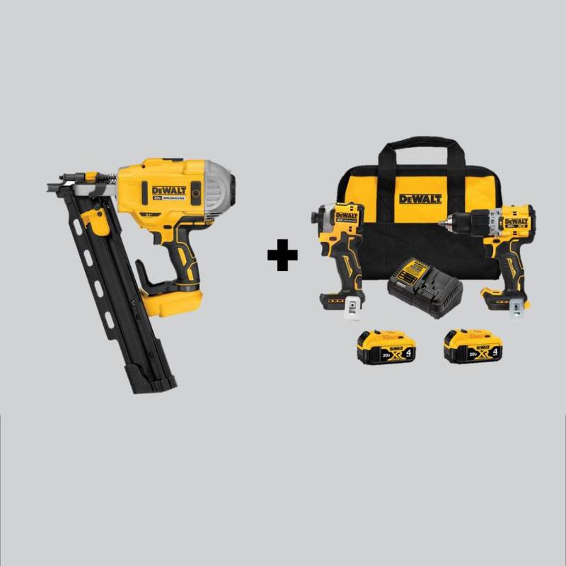 DEWALT 20V MAX XR Clavadora de armazones sin escobillas inalámbrica de 2 velocidades con ángulo de 21 grados y 21 grados, taladro percutor y kit de conductor de impacto - DCN21PLBW2050