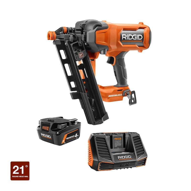 Clavadora para armazones inalámbrica con motor sin escobillas RIDGID 18V de 21° y 3-1/2 pulgadas con batería de iones de litio de 4.0 Ah de salida máxima y cargador - R09894B-AC9540
