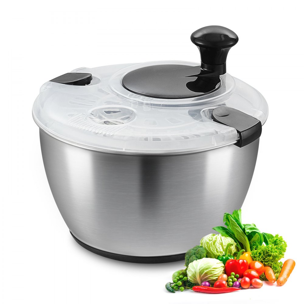 VEVOR Stainless Steel Salad Spinner, 4.75Qt, One-handed Easy Press Large Vegetable Dryer Washer, Lettuce Cleaner and Dryer with 304 Stainless Steel Bowl, for Greens, Herbs, Berries, Fruits, No BPA - BXGKSLXZQ304P4FP6V0