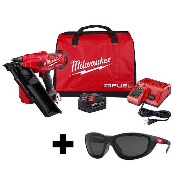 Milwaukee M18 FUEL 3-1/2 pulg. 18-Volt 30 grados Litio-Ion sin escobillas Kit de clavadora de marcos y lentes de seguridad polarizados con tinte - 2745-21-48-73-2045