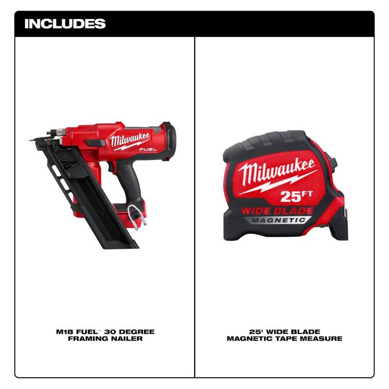 Milwaukee M18 FUEL 3-1/2 pulgadas 18 voltios 30 grados de iones de litio sin escobillas clavadora inalámbrica para armado con cinta métrica de 25 pies de hoja ancha - 2745-20-48-22-0225M