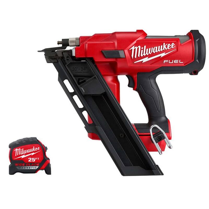 Milwaukee M18 FUEL 3-1/2 pulgadas 18 voltios 30 grados de iones de litio sin escobillas clavadora inalámbrica para armado con cinta métrica de 25 pies de hoja ancha - 2745-20-48-22-0225M