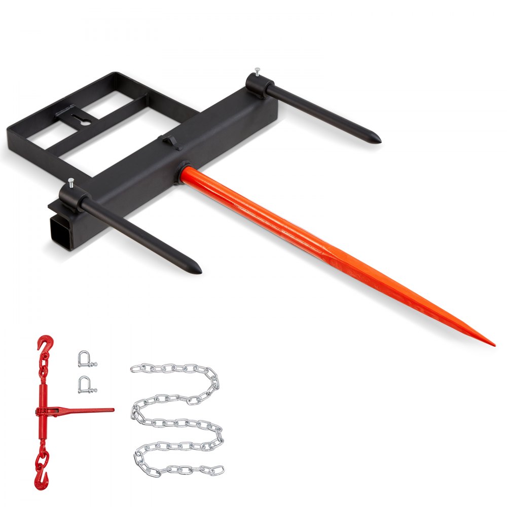 VEVOR 39" Hay Spear, Bale Spears 1600lbs Loading Capacity, Skid Steer Loader Tractor Bucket Attachment with 2pcs 17.5" Stabilizer Spears and 60" Chain, Quick Attach Spike Forks - TZSPS12ZHZ3981A68V0
