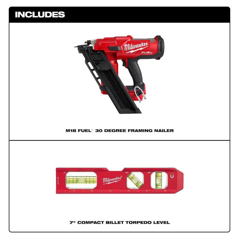 Milwaukee M18 FUEL Clavadora de armazón inalámbrica sin escobillas de 18 voltios y 30 grados de ángulo con batería de iones de litio de 3-1/2 pulgadas y nivel de torpedo de 7 pulgadas de aluminio billet - 2745-20-48-22-5107