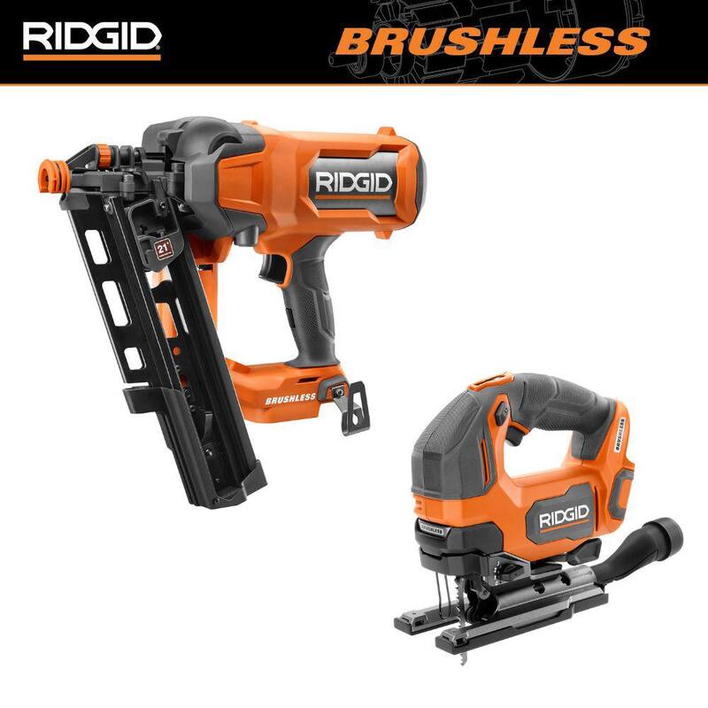Pistola de clavos inalámbrica sin escobillas RIDGID de 18V con ángulo de 21° y 3-1/2 pulgadas, junto con sierra de calar inalámbrica sin escobillas de 18V (solo herramientas) - R09894B-R86344B
