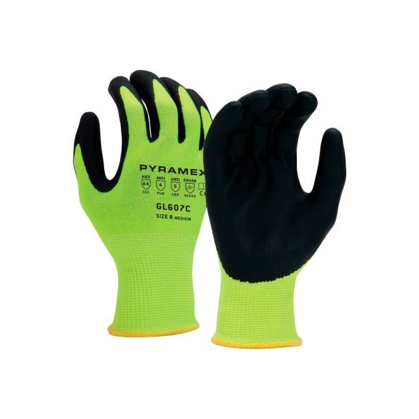Guantes Pyramex de espuma y nitrilo, 13g HPPE High-Vis Lime A4 Corte, Talla Grande - Paquete de 12 - GL607CL