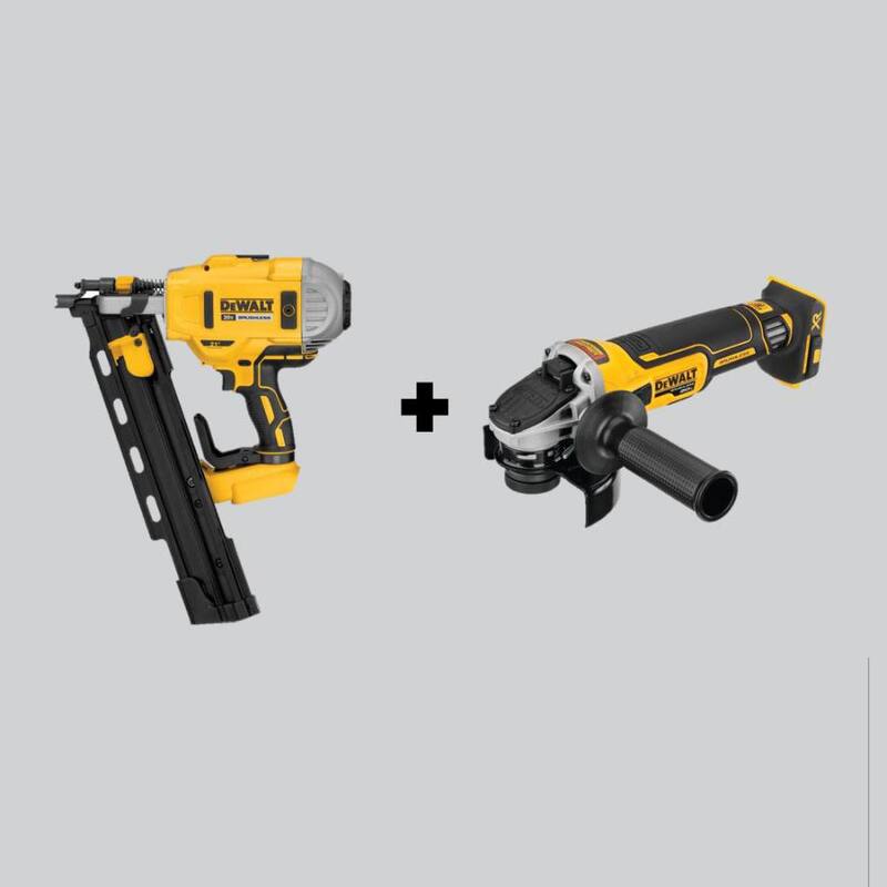 Clavadora de armazón con carga de plástico sin escobillas inalámbrica DEWALT 20V MAX XR de 2 velocidades y 21° y amoladora angular sin escobillas de 4.5 pulgadas (Sólo herramientas) - DCN21PLBW405B