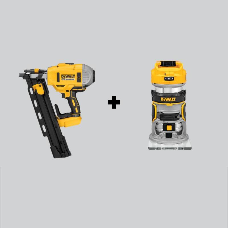 DEWALT 20V MAX XR Inalámbrica sin escobillas de 2 velocidades Clavadora de armazón con colación de plástico de 21 grados y Enrutador compacto sin escobillas (solo herramientas) - DCN21PLBW600B