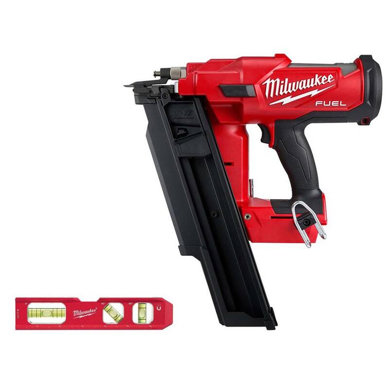Milwaukee M18 FUEL 3-1/2 in. Clavadora inalámbrica de marco sin escobillas de litio de 21 grados de 18 voltios con nivel de torpedo billet de 7 pulgadas.