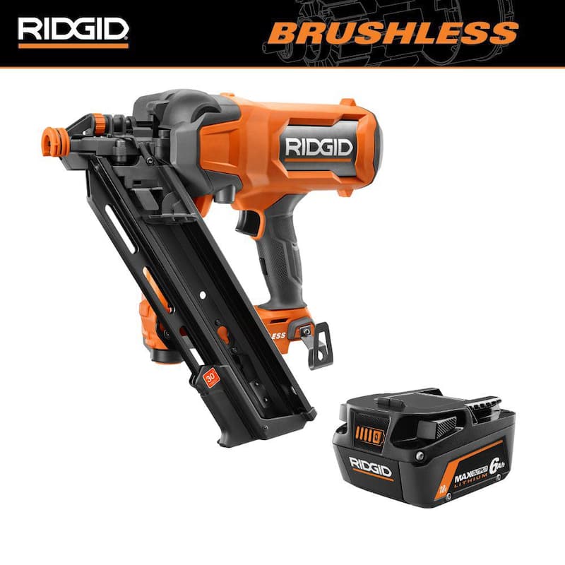 Clavadora inalámbrica sin escobillas RIDGID 18V de 30° y 3-1/2 pulgadas con batería de iones de litio de salida máxima de 18V 6.0 Ah - R09895B-AC840060