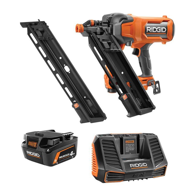 Clavadora de estructuras inalámbrica sin escobillas RIDGID 18V de 30° 3-1/2 pulgadas con kit de batería de salida máxima de 4Ah, cargador y cargador de capacidad extendida - R09895B-AC9540-AC102EM30N.