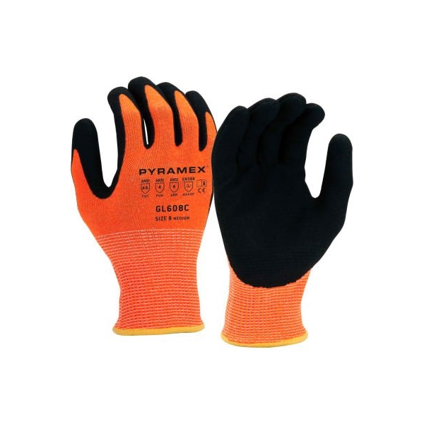 Guantes de nitrilo Pyramex Sandy, corte A6 de 13g HPPE de alta visibilidad en color naranja, tamaño mediano - Paquete de 12 unidades - GL608CM.