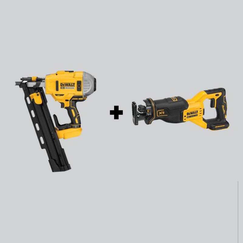 DEWALT 20V MAX XR Clavadora de marco de 21° con cabezal de plástico inalámbrica de iones de litio sin escobillas de 2 velocidades y sierra reciprocante sin escobillas (herramientas solamente) - DCN21PLBW382B