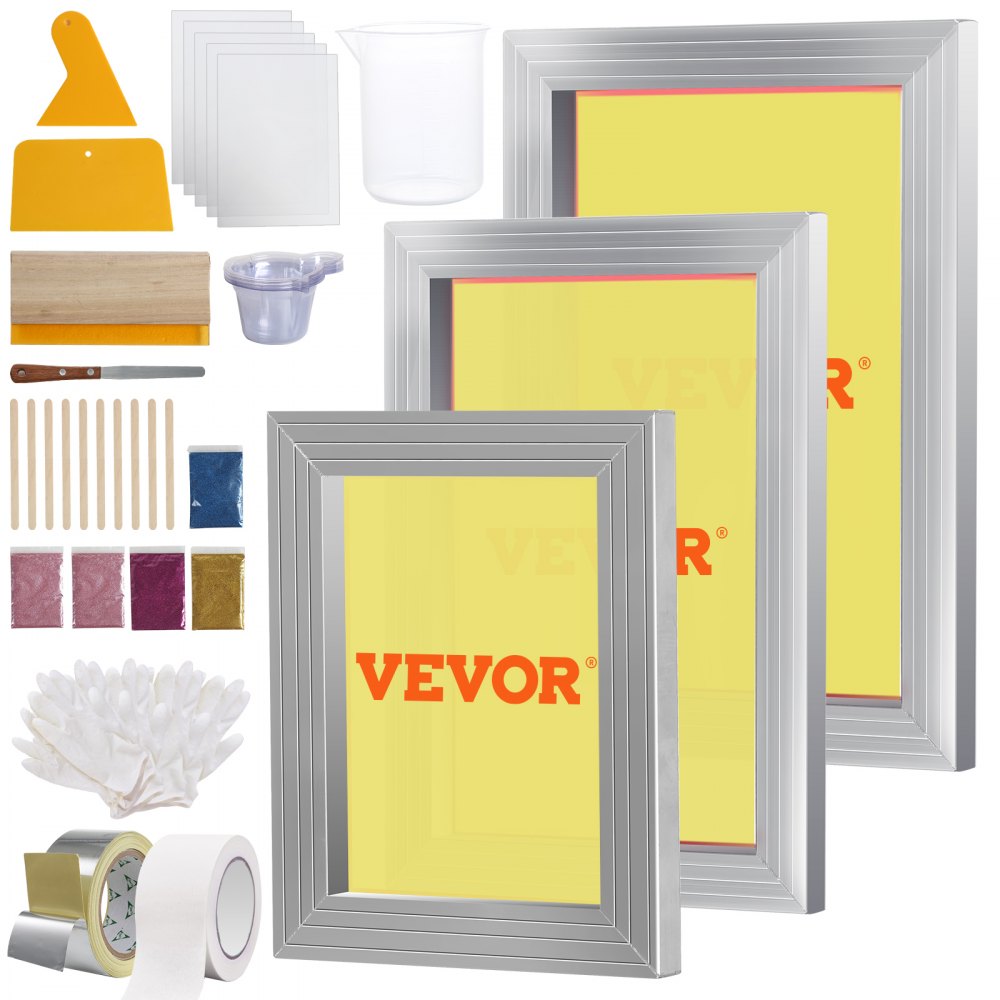VEVOR Screen Printing Kit, 3 PCS Aluminum Silk Screen Printing Frames, 5 Glitters and Screen Printing Squeegees and Transparency Films, 6x10/8x12/10x14inch 110 Count Mesh,  for DIY T-shirts Printing - SYKJZHCCG3110ZNMRV0