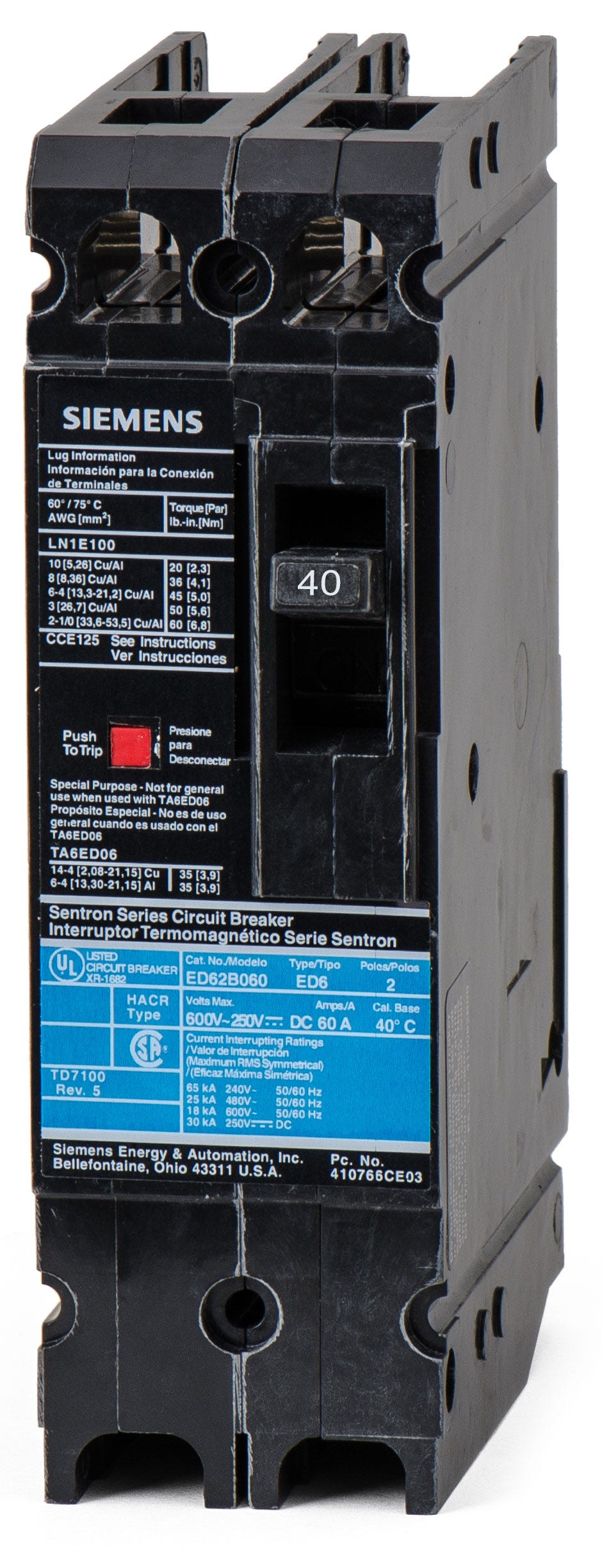 Siemens ED62B040 2 Pole Circuit Breaker