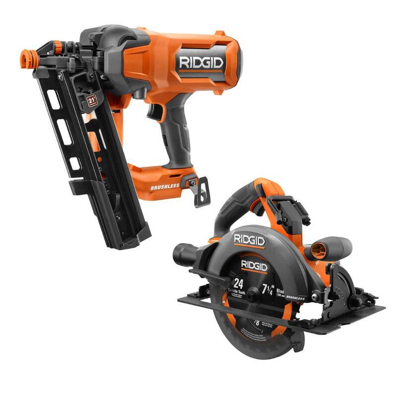 Clavadora de armazón inalámbrica sin escobillas de 18V a 21° y 3-1/2 in. de RIDGID con sierra circular sin escobillas de 7-1/4 in. (Solo herramientas) - R09894B-R8657B