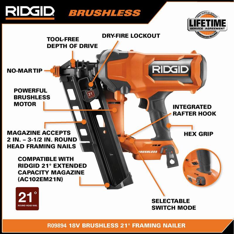 Clavadora de armazón inalámbrica sin escobillas de 18V a 21° y 3-1/2 in. de RIDGID con sierra circular sin escobillas de 7-1/4 in. (Solo herramientas) - R09894B-R8657B