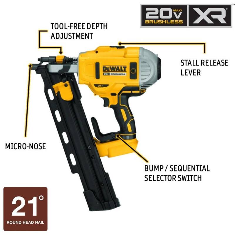 Kit de clavadora de armazón con batería de iones de litio sin escobillas DEWALT 20V MAX XR, de 2 velocidades y ángulo de 21 grados, con alimentación de plástico y sierra circular de 4-1/2 pulgadas - DCN21PLBW571.