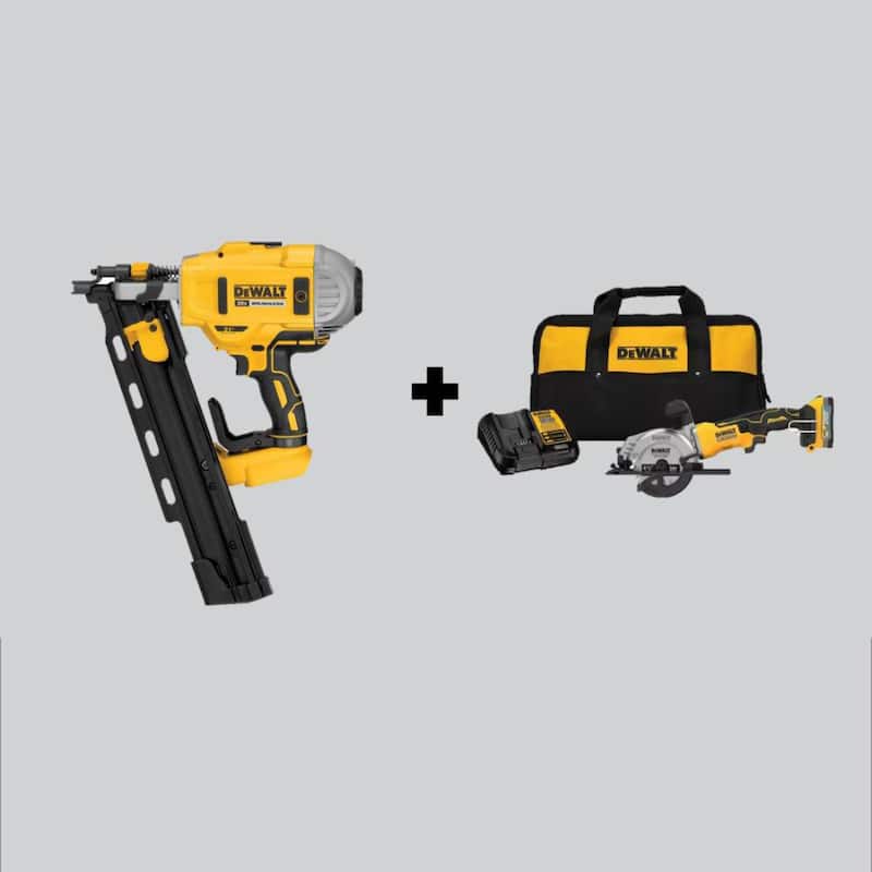 Kit de clavadora de armazón con batería de iones de litio sin escobillas DEWALT 20V MAX XR, de 2 velocidades y ángulo de 21 grados, con alimentación de plástico y sierra circular de 4-1/2 pulgadas - DCN21PLBW571.