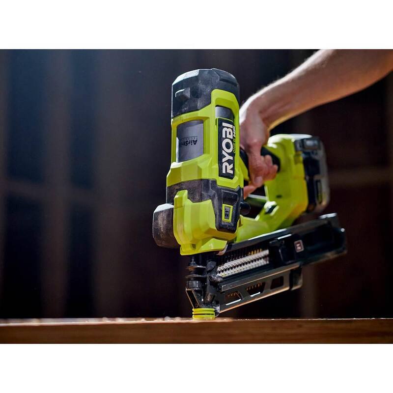 RYOBI ONE+ HP 18V Clavadora de estructuras sin escobillas inalámbrica AirStrike 21° Kit con batería de 4Ah, cargador y cargador de capacidad extendida de 21° - PBL345KN-A102EM211